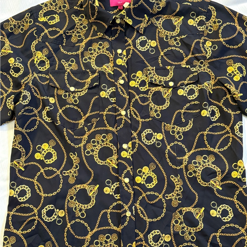 Patrona USA XL Vintage Baroque Gold Chain Print Shirt Versace Style Y2K Clubwear
